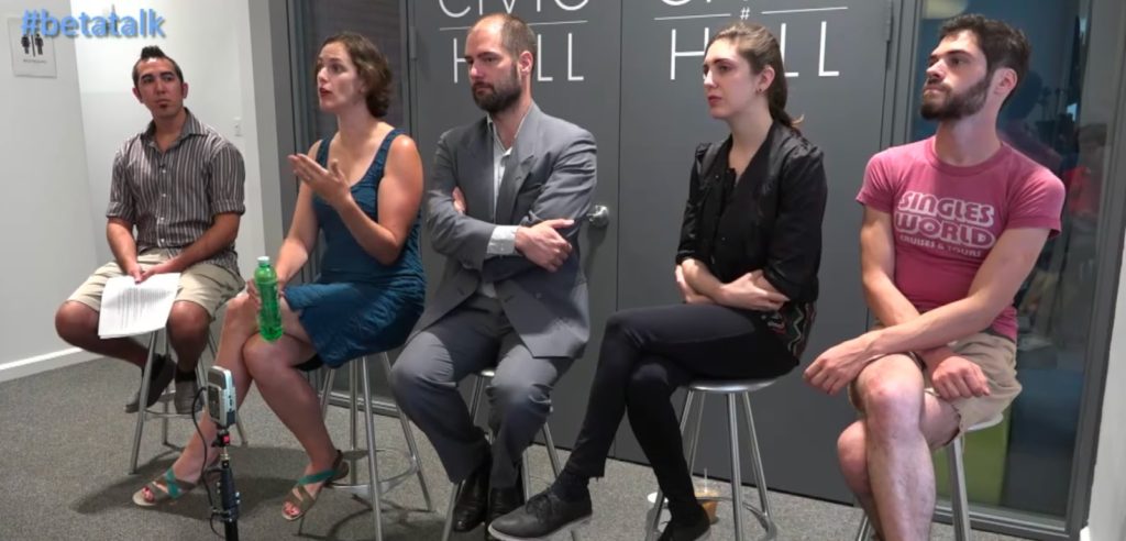 Caption: Affordable Housing Panel. Far left - Left to Right Panelists - Caitlyn Brazill, CAMBA; Moses Gates, Regional Plan Association; Emily Goldman, Cornell University & BetaNYC; John Krauss, Carto & Accursed Ware. Far left Moderator: Lucio Tolentino, BetaNYC