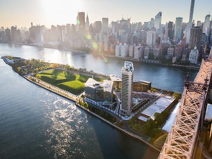 Flyover image of Cornell Tech campus with 59th street bridge and Manhattan in the background.