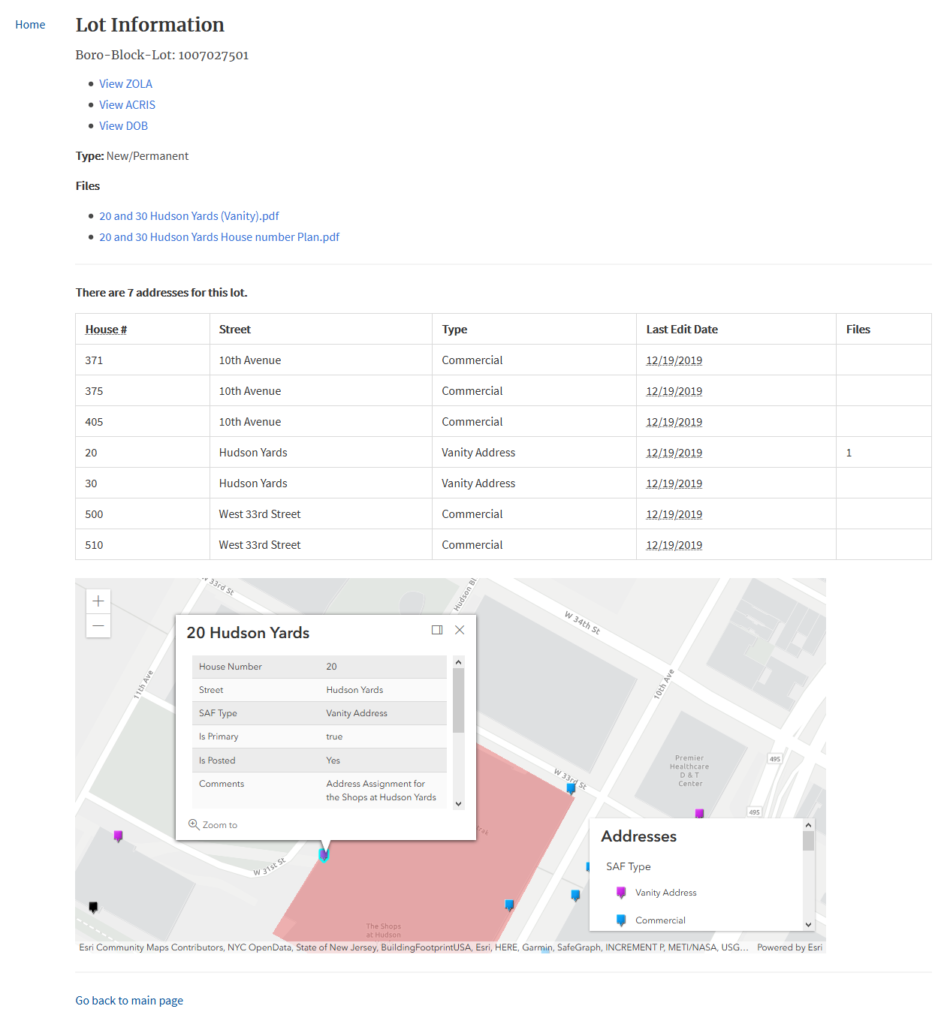 This image has an empty alt attribute; its file name is pasted-image-0-1-947x1024.png
Screenshot of the tax lot information view. It shows the files attached (letter and images), useful links to ZOLA, ACRIS and DOB, and all address assignments and types on the lot.