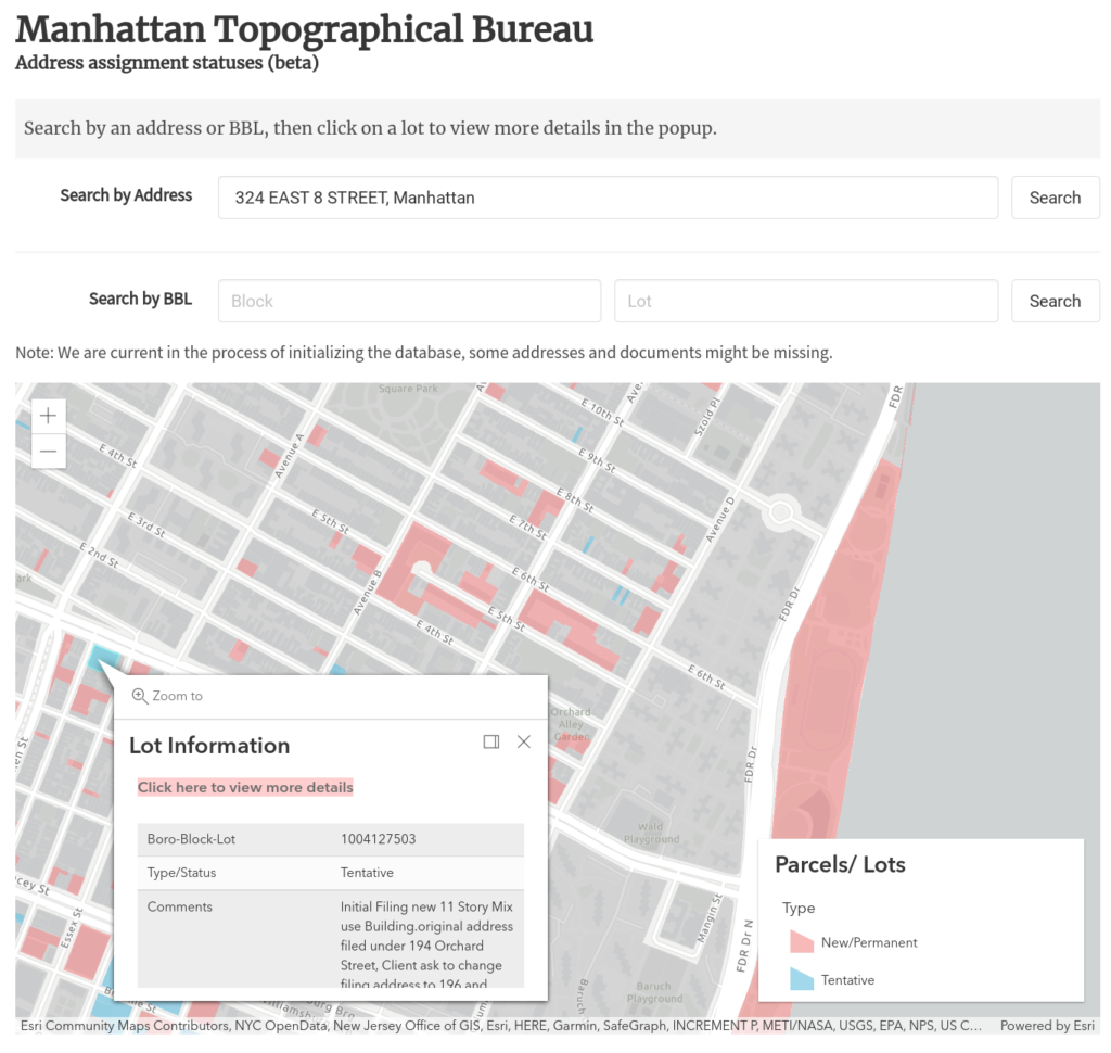 Screenshot of the landing page. Either search by Address or BBL, or explore the map to see a quick summary of type, statuses, and comments associated with each lot.