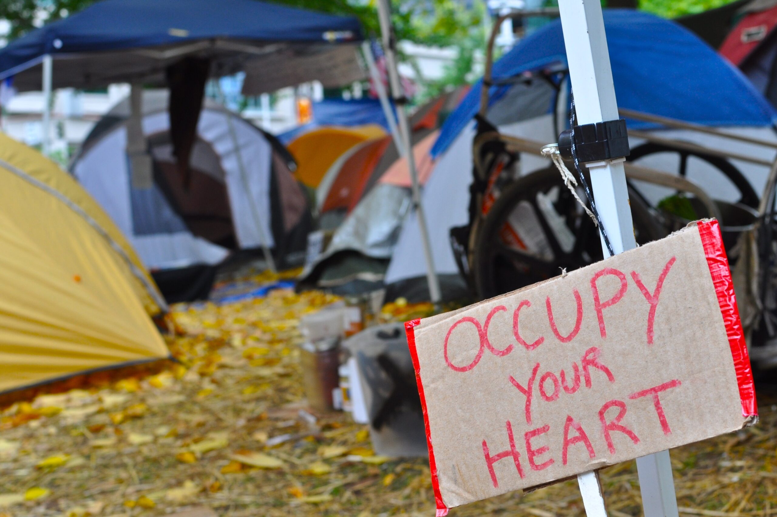 This image shows a protest or social movement campsite with tents and makeshift shelters. In the foreground, there’s a cardboard sign with “Occupy Your Heart” written in red, symbolizing a call for compassion or emotional involvement. The setting feels grassroots and community-driven.