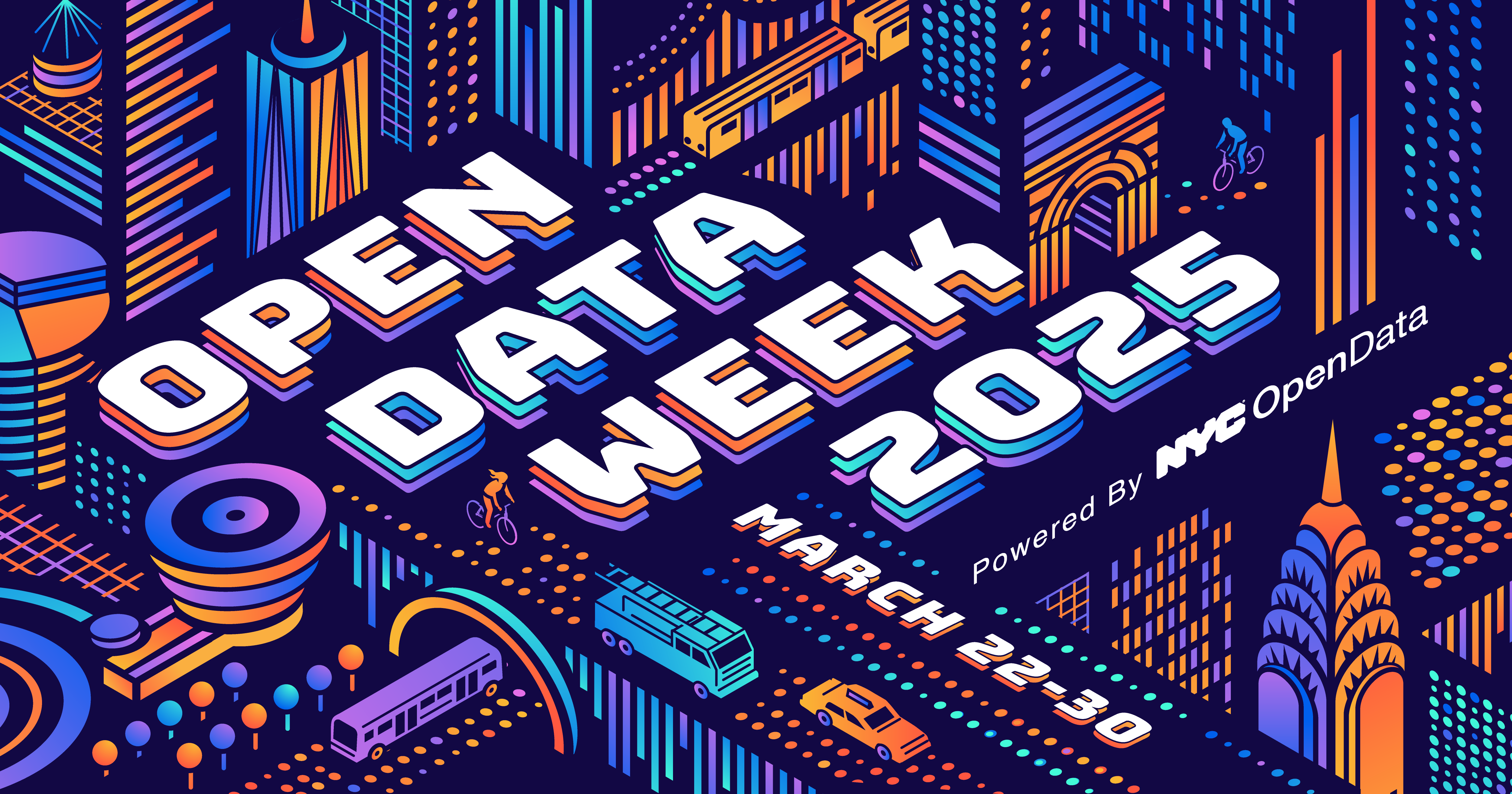 A multicolor image with the city skyline and text that reads: "Open Data Week 2025."