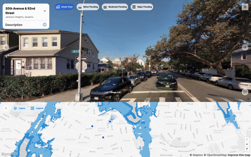 Use FloodGen to toggle street views with different flood thresholds: no flooding, minor flooding (less than 0.4 in.), moderate flooding (between 0.4-12 in.), major flooding (greater than 12 in.)