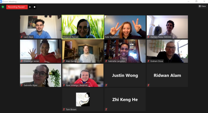 A screenshot of 14 people posing for a picture while talking in a Zoom event during Open Data Week.