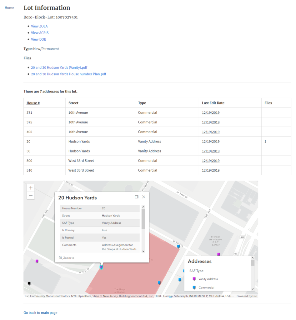 Screenshot of the tax lot information view. It shows the files attached (letter and images), useful links to ZOLA, ACRIS and DOB, and all address assignments and types on the lot.
